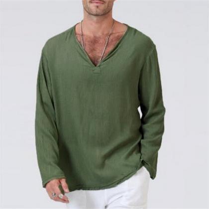 Men Long Sleeve T Shirt Spring Fall V Neck Cotton..