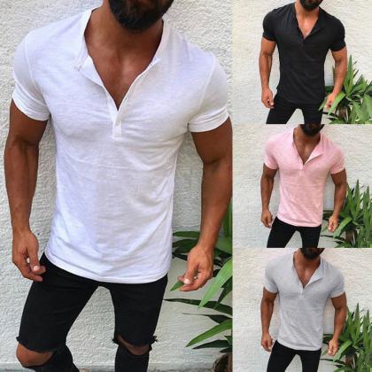 Men T-shirt Button V Neck Summer Short Sleeve..