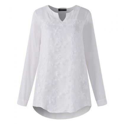 Women Embroidery Floral Lace Blouse V Neck Long..