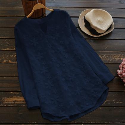 Women Embroidery Floral Lace Blouse V Neck Long..