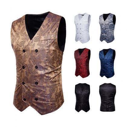 Men Floral Printed Waistcoat Double Breasted Vest..