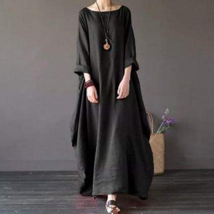 Women Maxi Dress 3/4 Sleeve Loose Linen Casual..