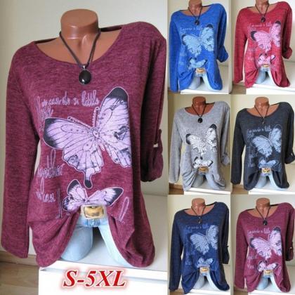 Women Long Sleeve T Shirt Spring Butterfly Printed..