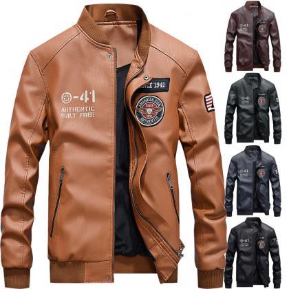 Men Faux Pu Leather Coat Spring Autumn Stand..