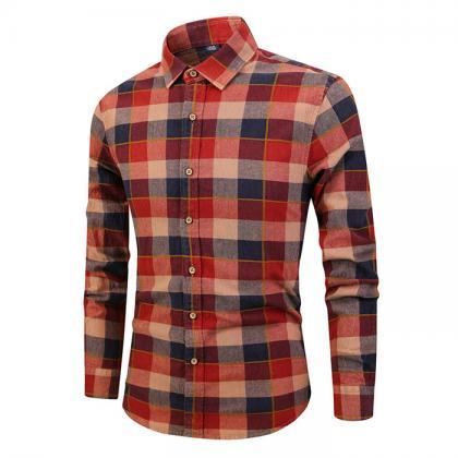 Men Plaid Printed Shirt Autumn Long Sleeve Buttons..