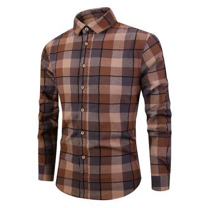 Men Plaid Printed Shirt Autumn Long Sleeve Buttons..
