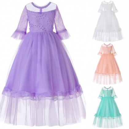 Princess Flower Girl Dress Lace Half Sleeve Kids..