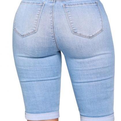 Women Jeans Summer Mid Waist Skinny Knee Length..