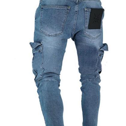 Mens Jeans Mid Waist Distressed Skinny Pocket..