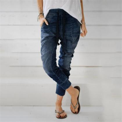 Women Jeans Drawstring Elastic Waist Casual..