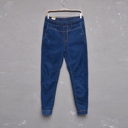 Men Skinny Jeans Drawstring Mid-waist Ripped..