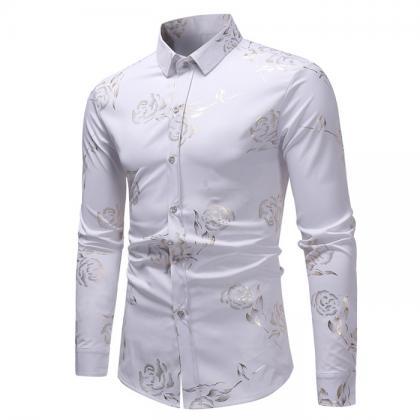 Men Rose Printed Shirt Single Breasted Long Sleeve..