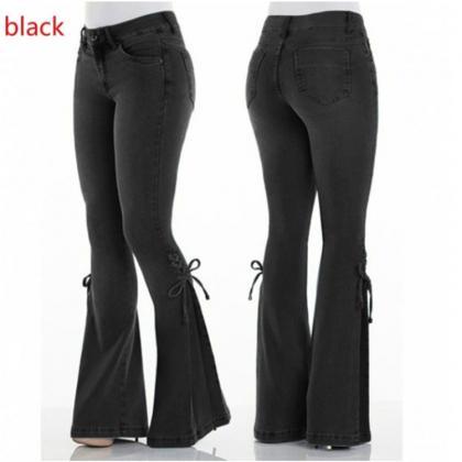 Women Flare Jeans Bandage Mid Waist Casual..