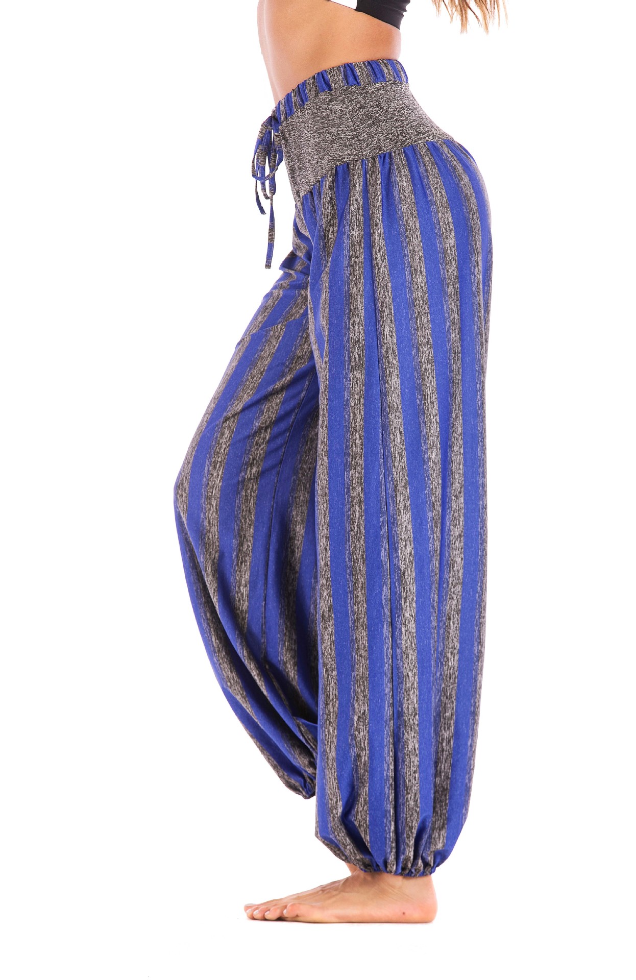 Women Lantern Pants Drawstring High Waist Striped Casual Loose Fitness Sport Yoga Long Harem Trousers