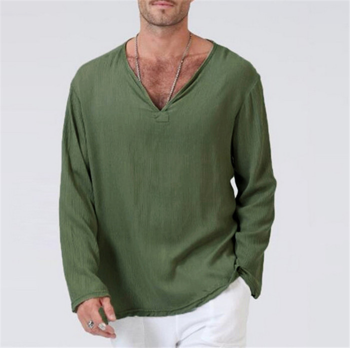 Men Long Sleeve T Shirt Spring Fall V Neck Cotton Linen Casual Loose Pullover Tops