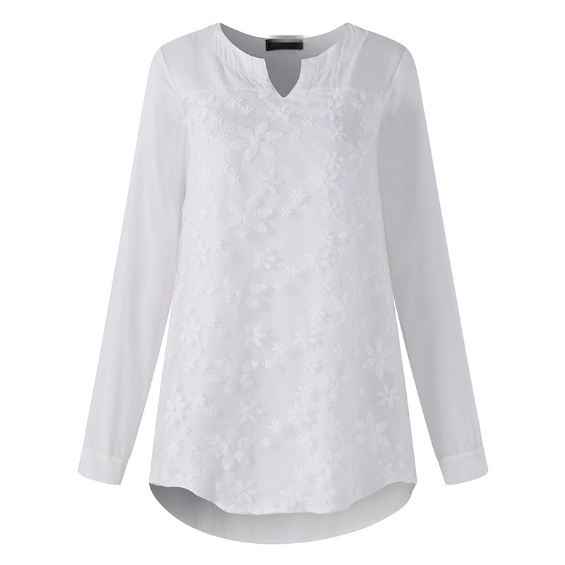 Women Embroidery Floral Lace Blouse V Neck Long Sleeve Casual Loose Plus Size Tops