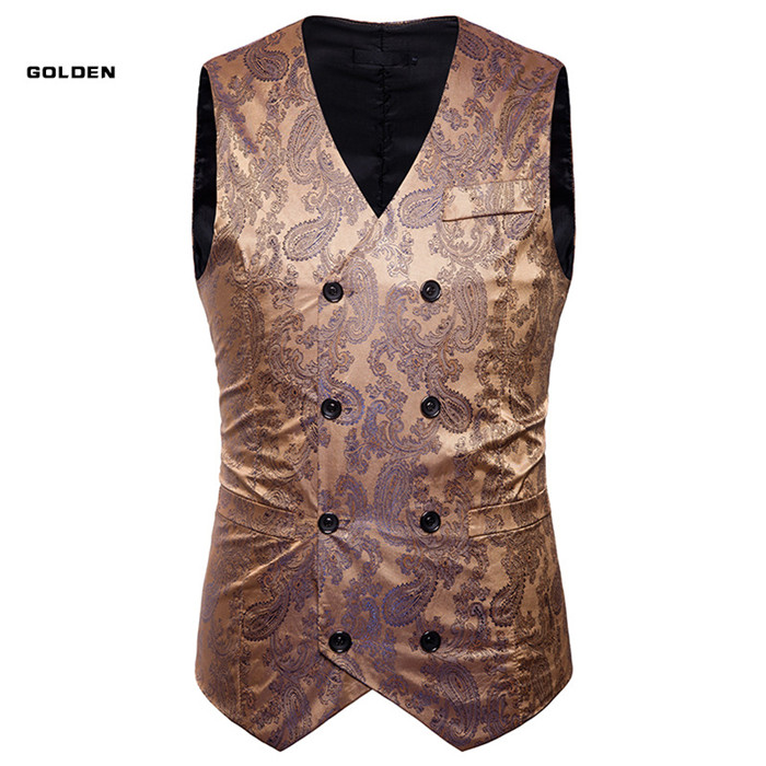 Men Floral Printed Waistcoat Double Breasted Vest Slim Sleeveless Casual Business Formal Suit Coat