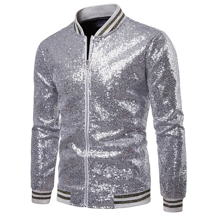 Men Sequined Jacket Glitter Long Sleeve Zipper Stand Collar Casual Nightclub Prom Stage Coat