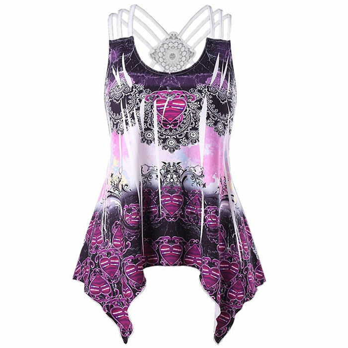 Women Asymmetrical Tank Top Printed Lace Patchwork Casual Summer Sleeveless Vest Top