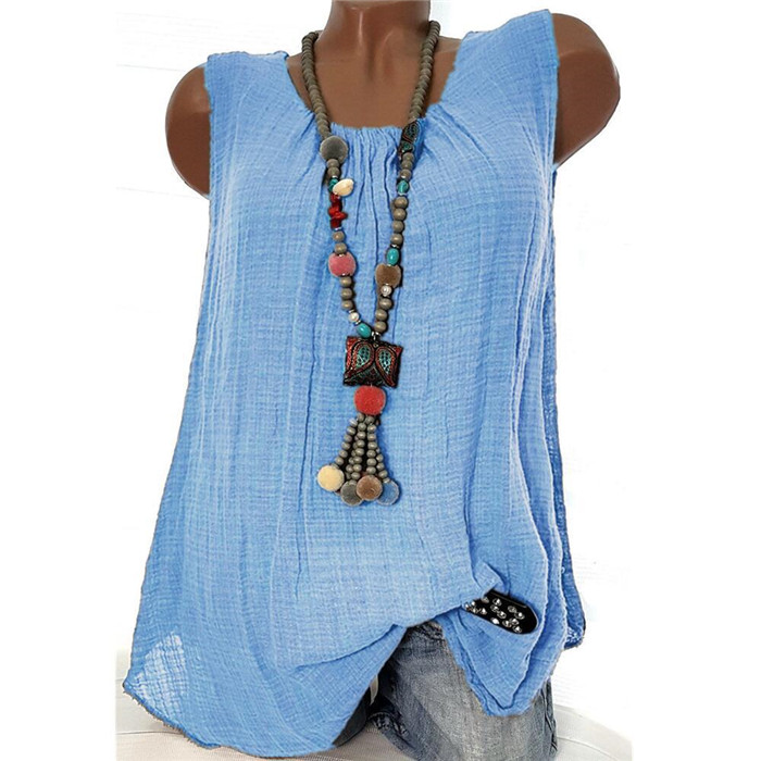 Women Sleeveless T Shirt O Neck Cotton Linen Casual Loose Plus Size Summer Vest Tops