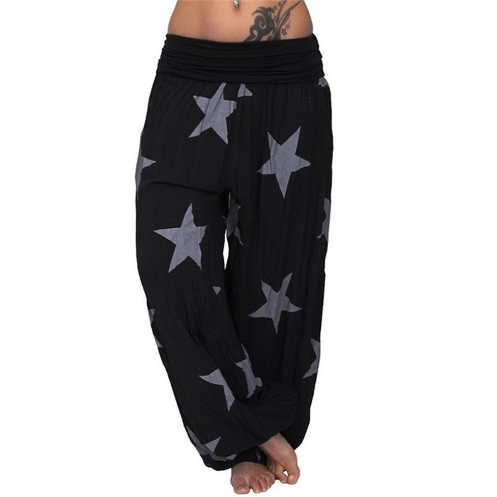Women Star Printed Lantern Pants Elastic Waist Plus Size Hippie Baggy Casual Loose Wide Leg Trousers