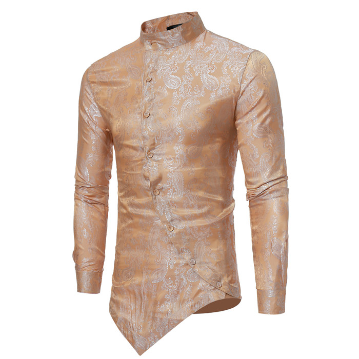 Men Asymmetrical Shirt Spring Autumn Long Sleeve Stand Collar Business Printed Slim Fit Shirt