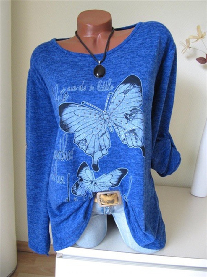 Women Long Sleeve T Shirt Spring Butterfly Printed Casual Plus Size Pullover Tops
