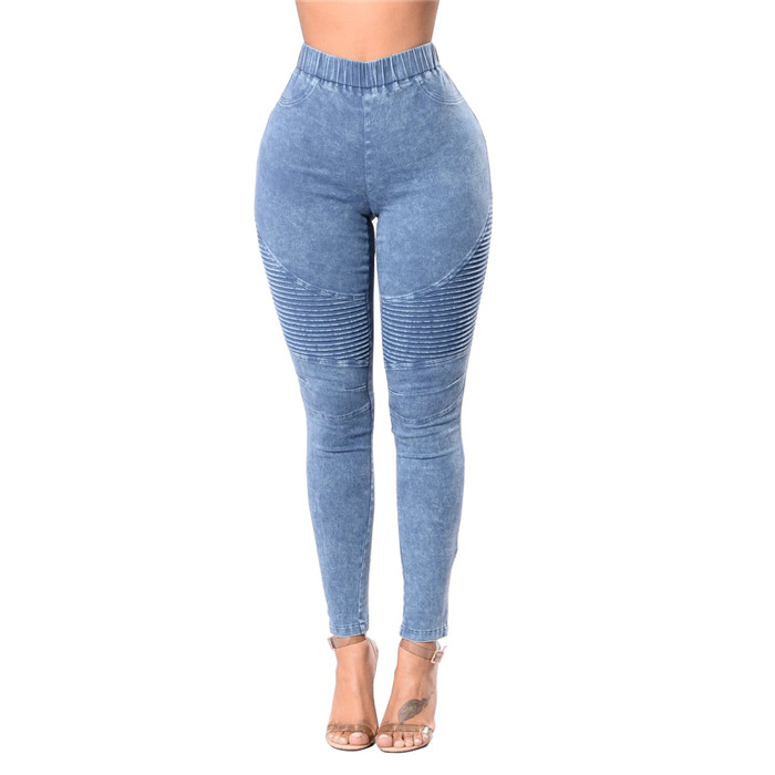 Women Denim Pants Elastic High Waist Pleasted Slim Stretch Jeans Pencil Trousers