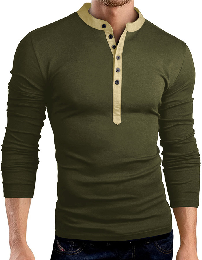 Men Long Sleeve T Shirt Spring Autumn V Neck Button Slim Fit Casual Tops