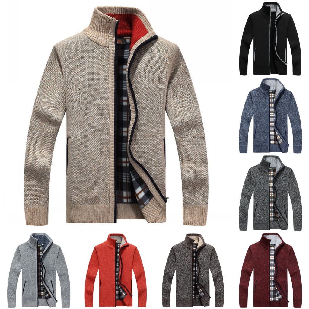 Men Sweater Coat Autumn Winter Warm Thick Zipper Casual Fleece Knitted ...