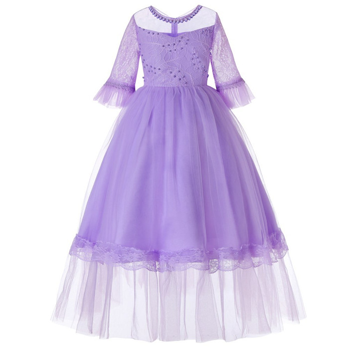 Princess Flower Girl Dress Lace Half Sleeve Kids Wedding Bridesmaid Party Long Gown Children Clothes