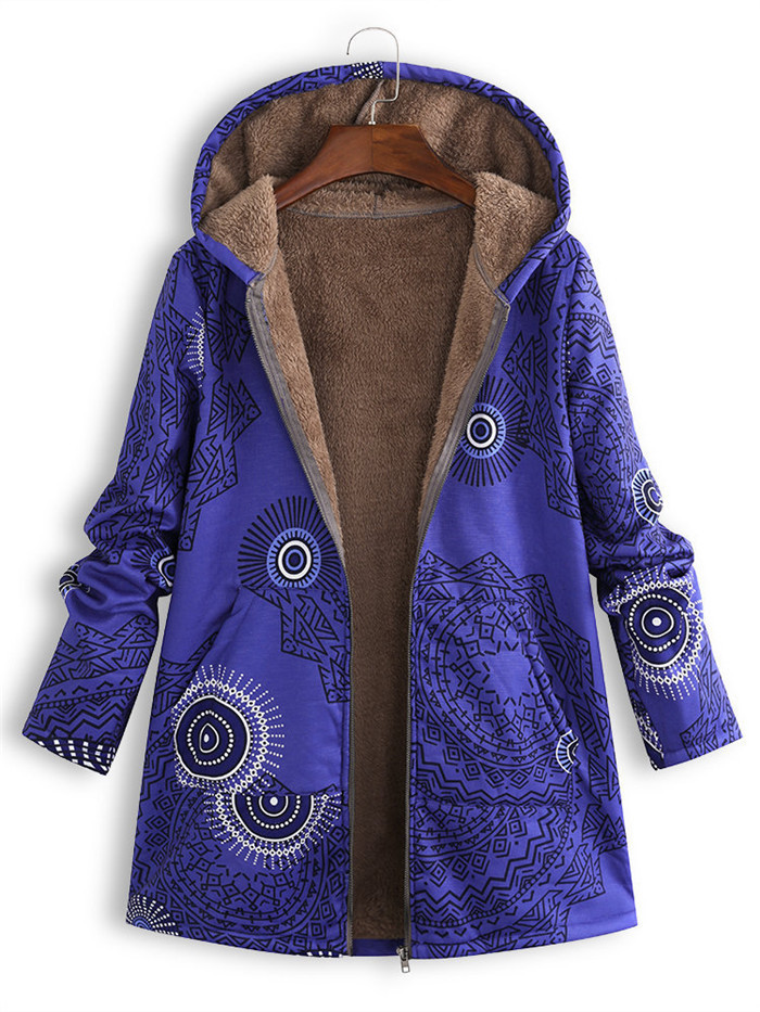 Women Hooded Coat Vintage Floral Printed Winter Warm Plus Size Casual Fleece Jacket