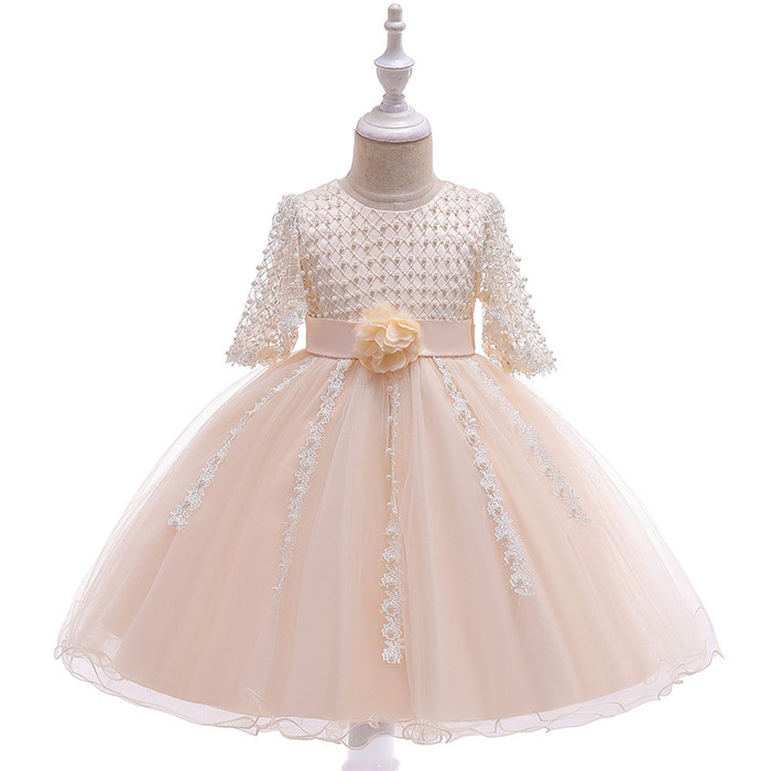 Beaded Flower Girl Dress Half Sleeve Lace Wedding Birthday Perform Party Tutu Gown Children Kids Clothes