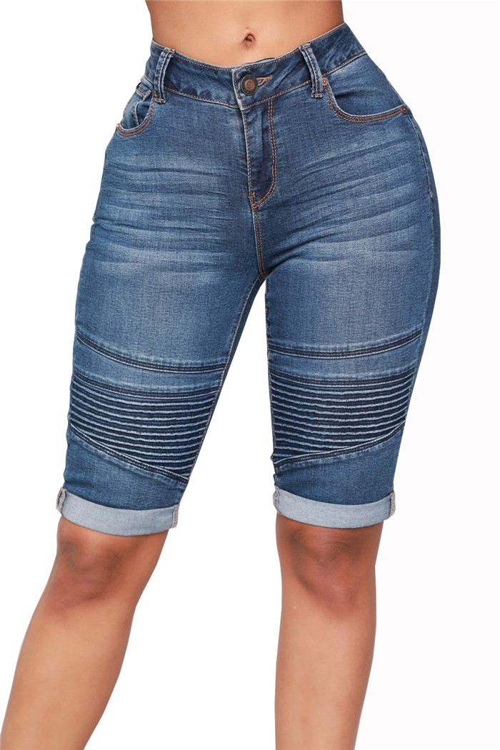 Women Jeans Summer Mid Waist Skinny Knee Length Female Stretch Denim Shorts Pants