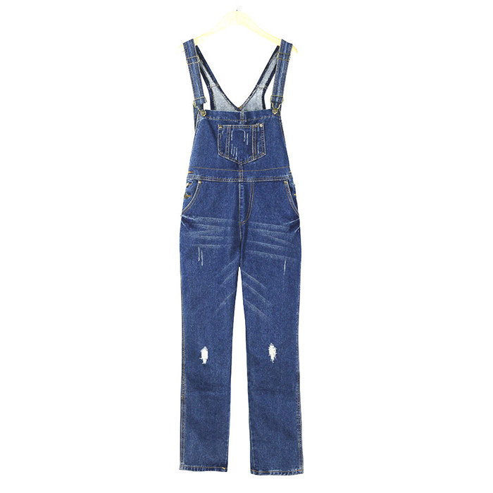 Women Denim Jumpsuit Ripped Holes Suspenders Pants Casual Loose Jeans Rompers Overalls
