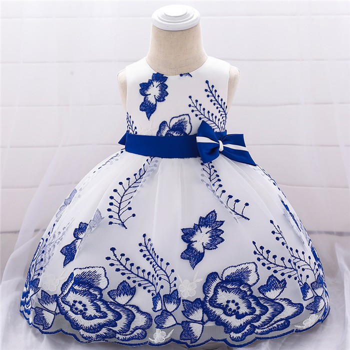Embroidery Flower Girl Dress Bow Tutu Newborn Christening Baptism Party Birthday Gown Baby Kids Clothes