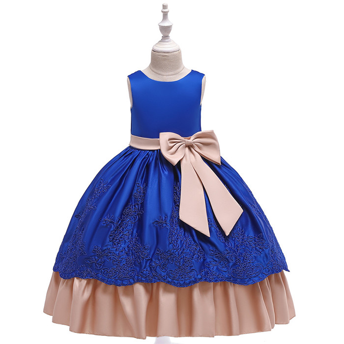 Long Satin Flower Girl Dress Embroidery Formal Birthday Perform Party Tutu Gown Kids Children Clothes