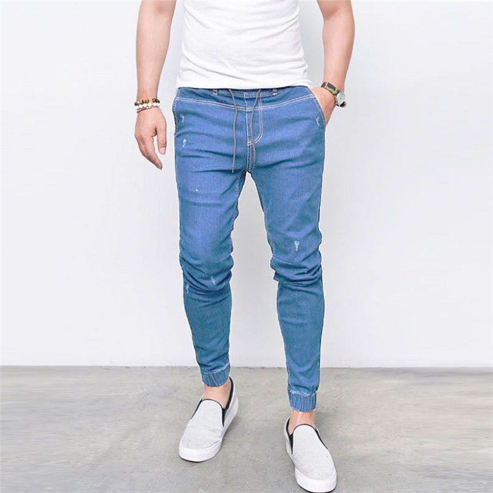 Men Skinny Jeans Drawstring Mid-waist Ripped Casual Streetwear Slim Long Denim Pencil Pants