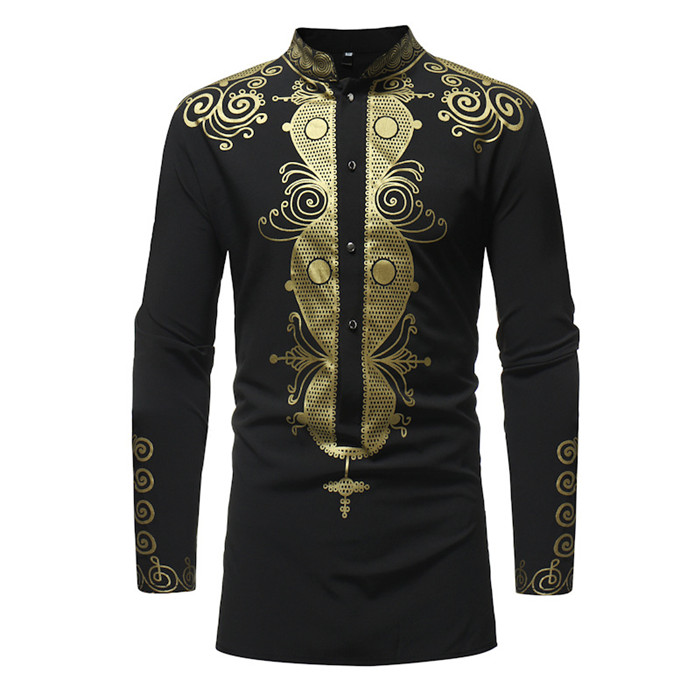 Men African Printed Shirt Stand Collar Tribal Ethnic Casual Slim Fit Long Sleeve Shirt