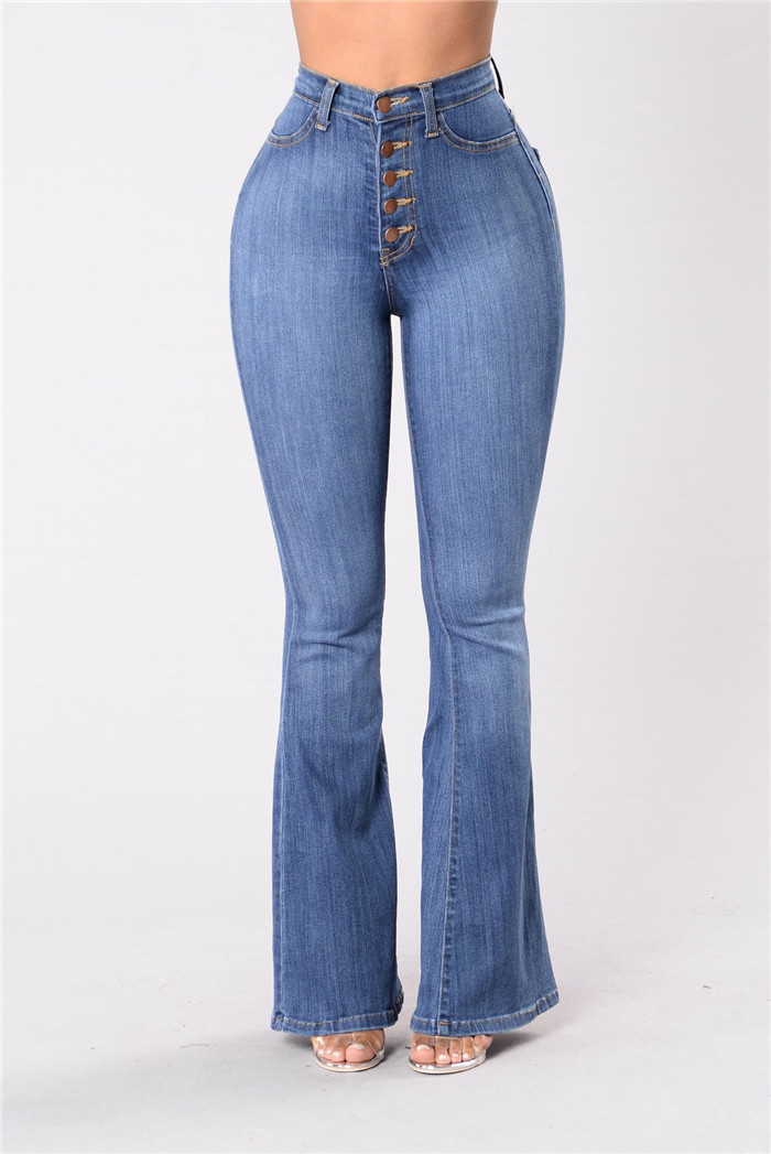 Women Jeans Pants Buttons High Waist Streetwear Casual Butt Lifting Skinny Denim Flare Trousers