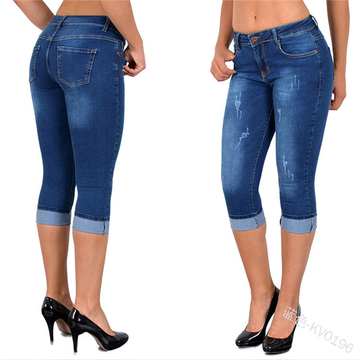 Women Jeans Summer High Waist Plus Size Slim Cropped 3/4 Trousers Stretch  Skinny Denim Pencil Pants on Luulla