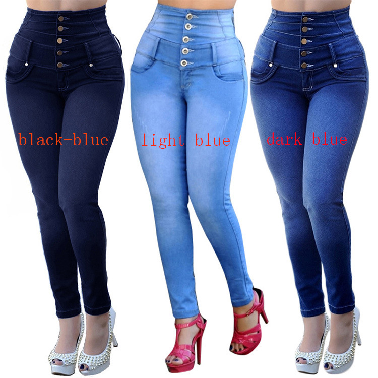Women Skinny Jeans High Waist Pocket Plus Size Slim Denim Pencil Trousers