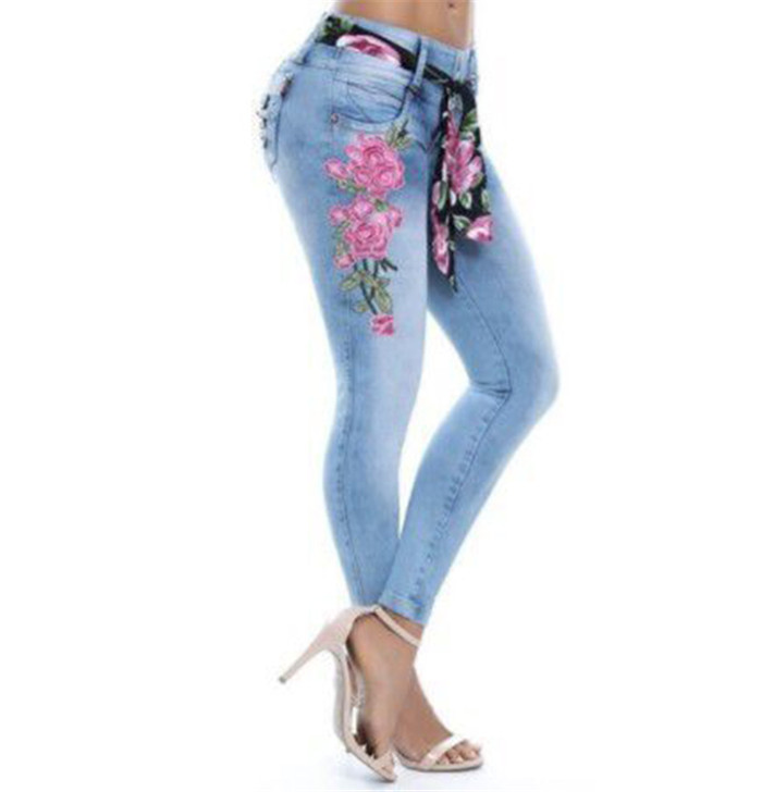 Women Denim Pants Embroidery Floral High Waist Plus Size Skinny Casual Pencil Jeans Trousers