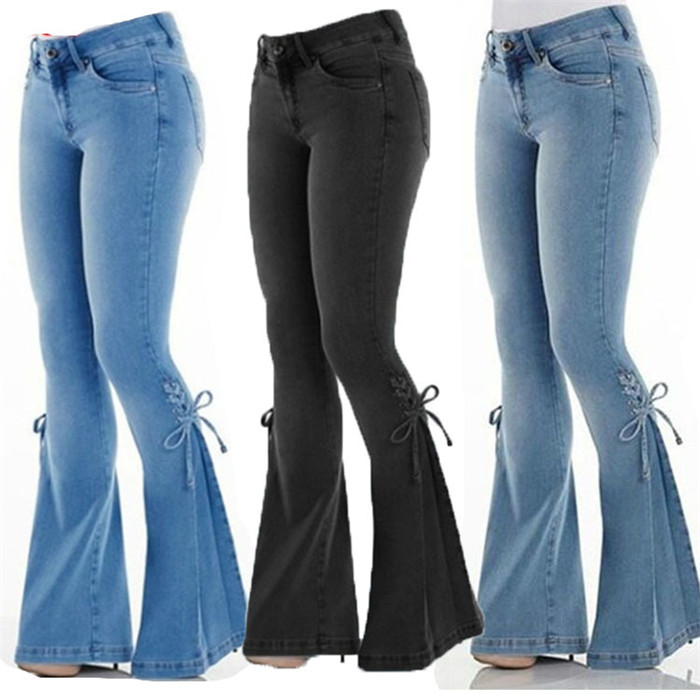 Women Flare Jeans Bandage Mid Waist Casual Streetwear Skinny Long Denim Pants