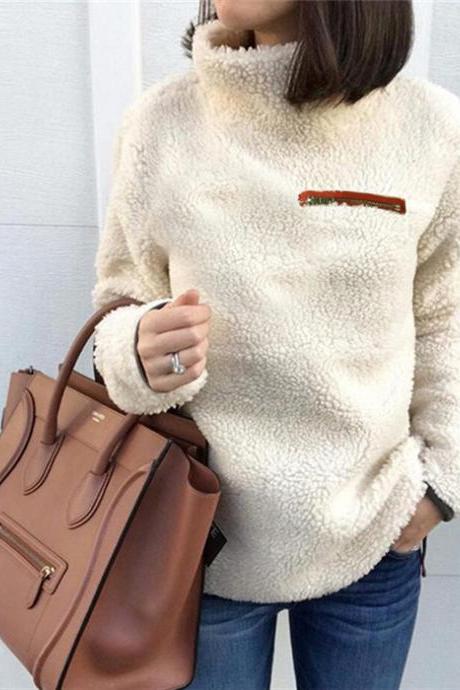 Women Fleece Tops Autumn Winter Warm Turtleneck Zipper Long Sleeve Casual Pullover